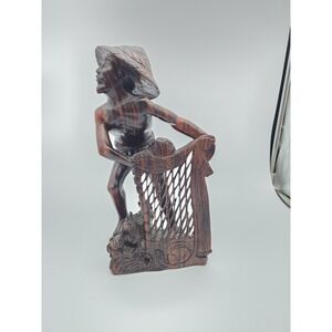 Intricate Hand Carved Ebony Wood 10" Balinese Sculpture Fisherman Hauling Net